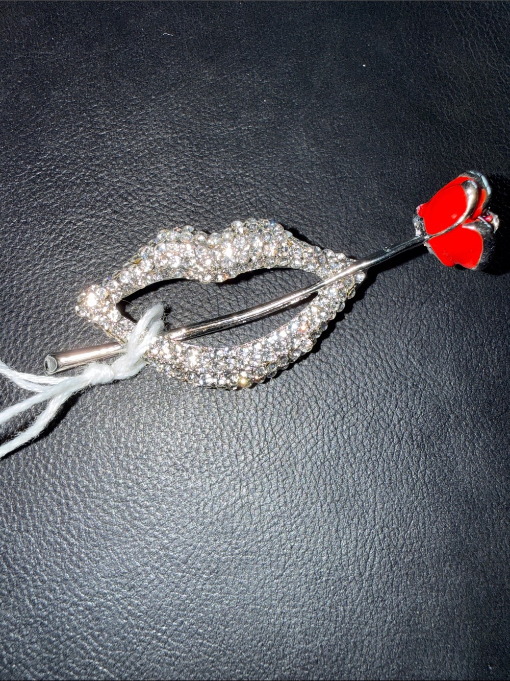 Crystal Lip & Red Rose Pin Brooch - Silver Tone